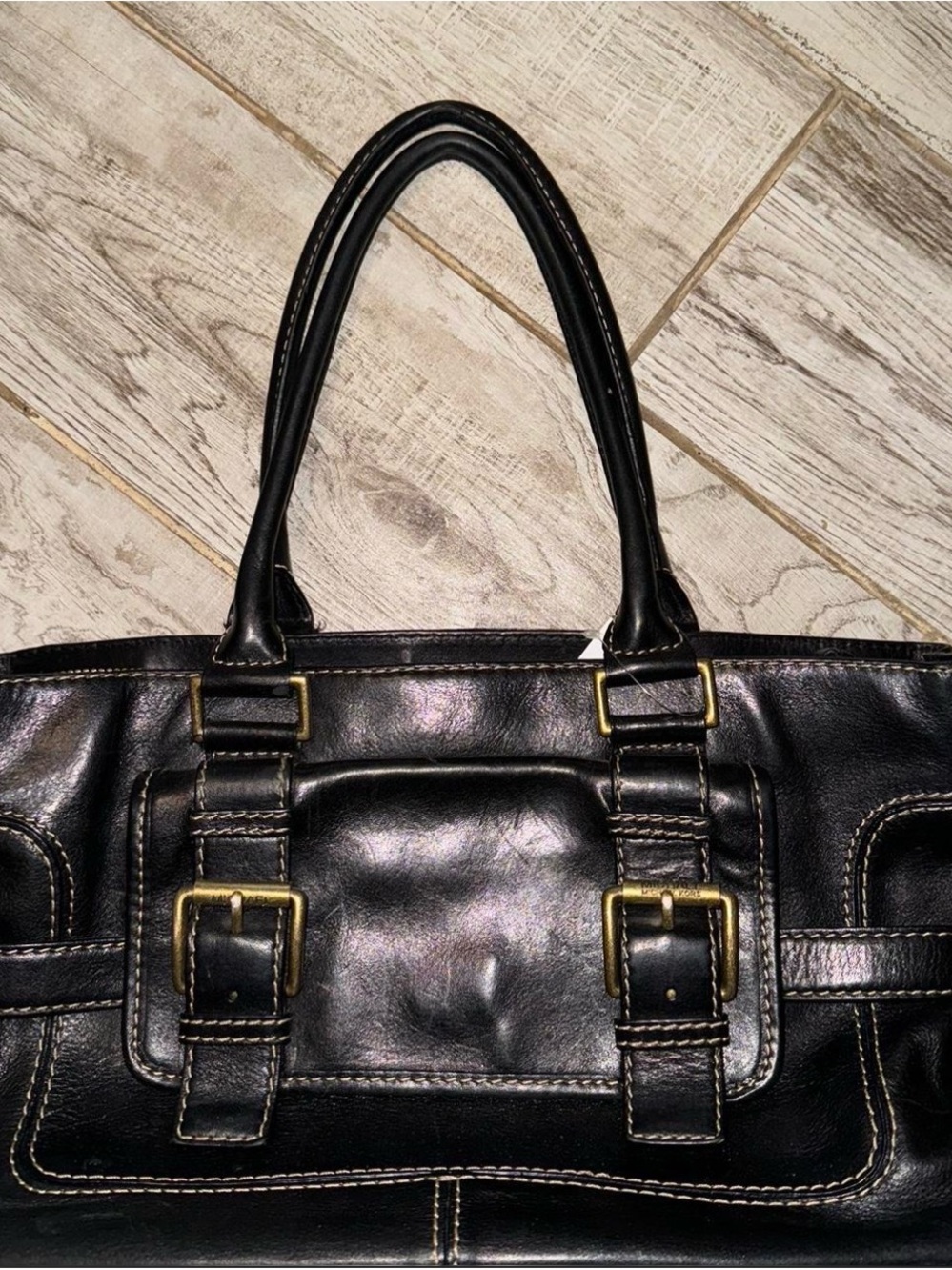 Vintage Michael Kors Black Leather Satchel with Brass Buckle